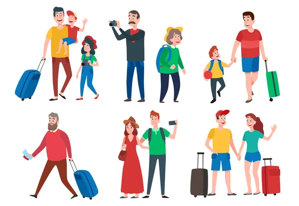 Reizen karakters. Reizende groep, familie paar vakantie vakantie en sightseeing reizen toeristen cartoon vector set — Stockvector