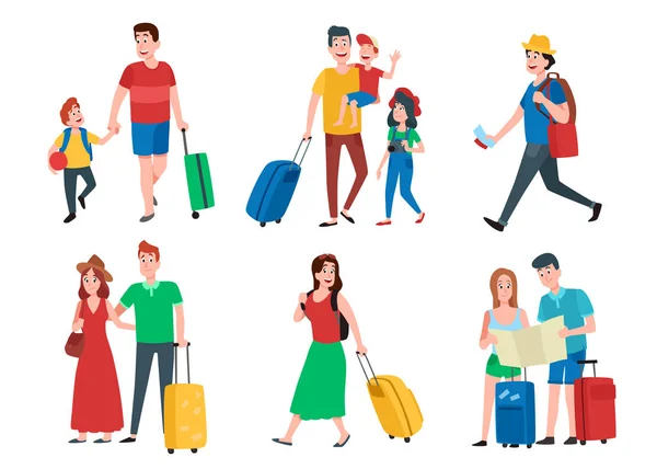 Familie vakantie. Happy Tourist Holiday vakanties, reizen paar en toeristen groep cartoon vector set — Stockvector