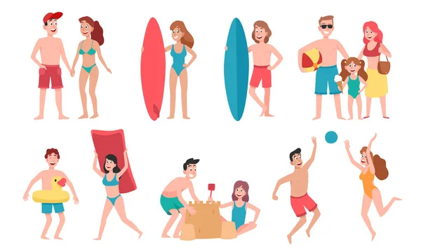 ビーチピープル。家族の休日の休暇、ビーチで日光浴と幸せな友人夏の楽しい漫画のベクトルイラスト — ストックベクタ