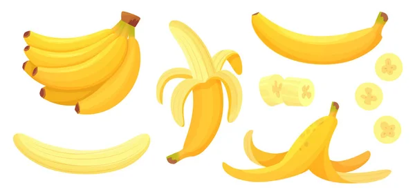 Des bananes de dessin animé. Peel banane, fruits jaunes et bouquet de bananes isolé vecteur illustration set — Image vectorielle