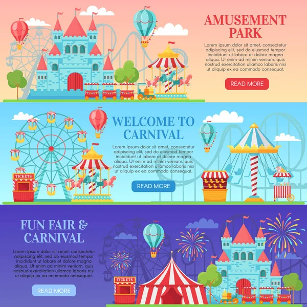 Amusement Park banner. Amusante Festival attracties, Kids carrousel en reuzenrad attractie banners achtergrond vector illustratie — Stockvector