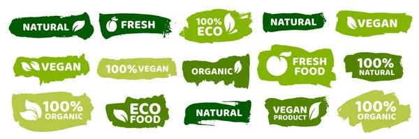 Organic food labels. Fresh eco vegetarian products, vegan label and healthy foods badges vector set — Stock Vector