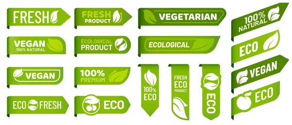 Étiquettes végétaliennes. Produits frais végétariens, aliments éco-biologiques et produits sains recommandés autocollants badges ensemble vectoriel — Image vectorielle