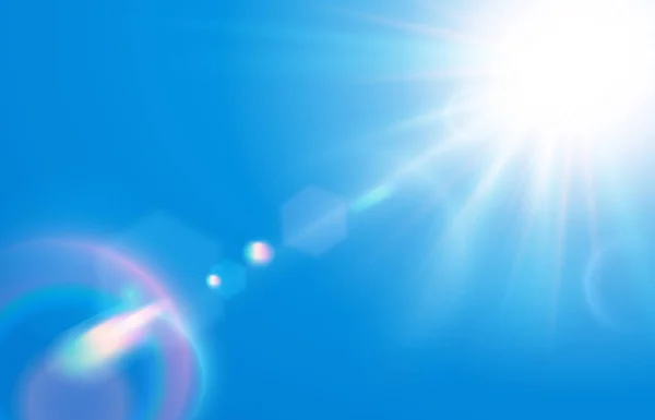 Sol no céu azul. Iluminação de lente solar quente em céus claros, dia ensolarado e raios de luz solar ilustração vetorial — Vetor de Stock