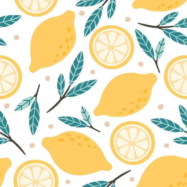 Бесшовный лимонный узор. Ручная рисованная смесь цитрусовых, ломтики лимонов и векторная иллюстрация зеленых листьев — стоковый вектор