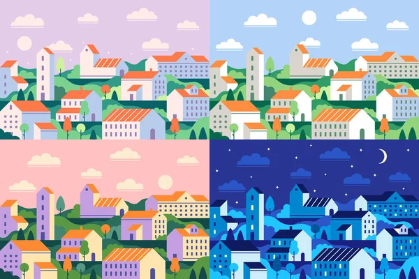 Minimal style town. Geometric minimalist city, daytime cityscape and night townscape flat vector illustration — Stock Vector