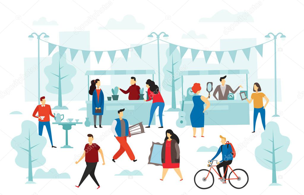 Second hand shop. Flea market, street shop trading stalls and fashion clothes swap. People selling cloth flat vector illustration