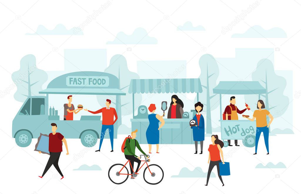 Weekend fair market. Street shop, food truck and flea markets vector illustration
