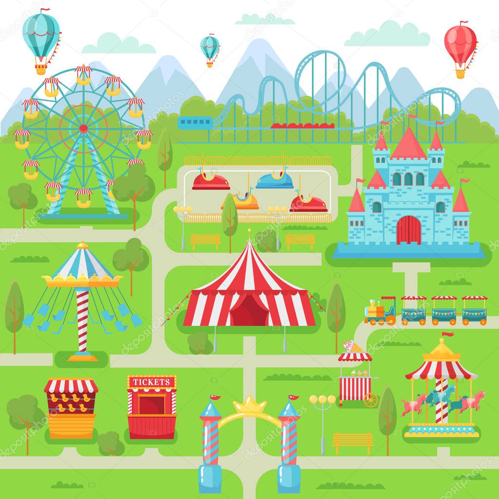 Amusement park map. Family entertainment festival attractions carousel, roller coaster and ferris wheel vector illustration