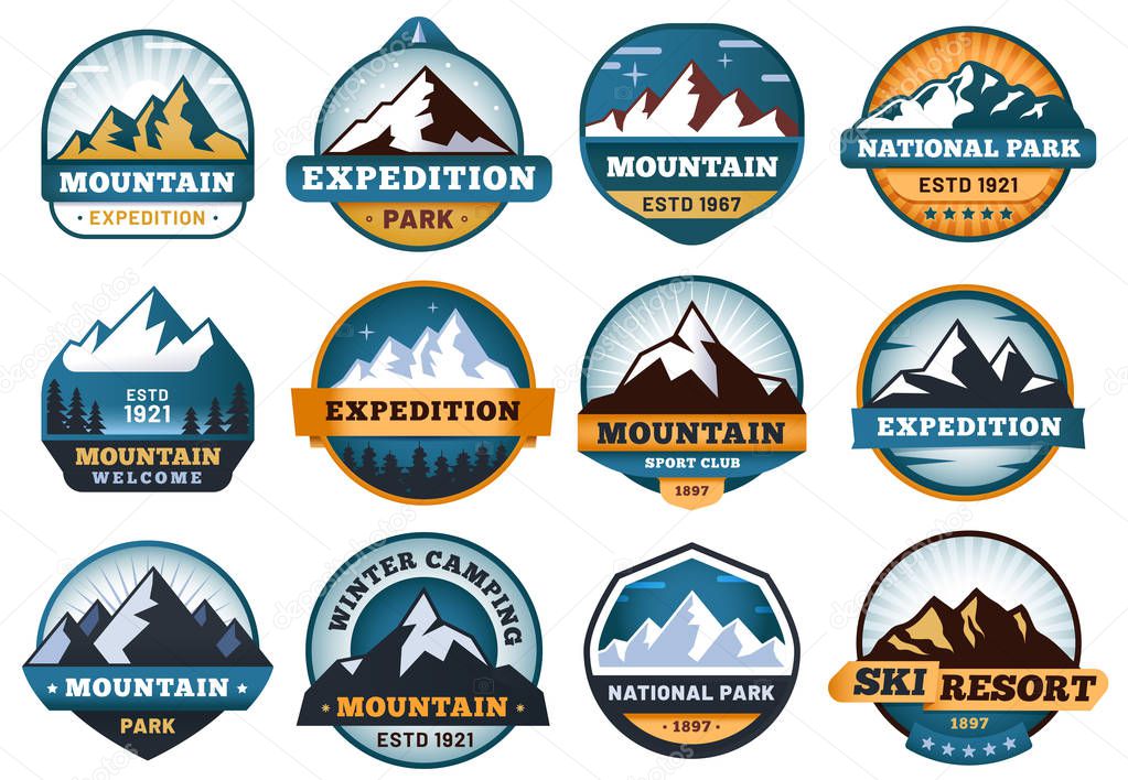 Mountain labels. Hiking emblems, mountains emblem badges and outdoors hill travel label. Snow mountains tourism logo or hike mountaineering expedition patch. Vector isolated sign set