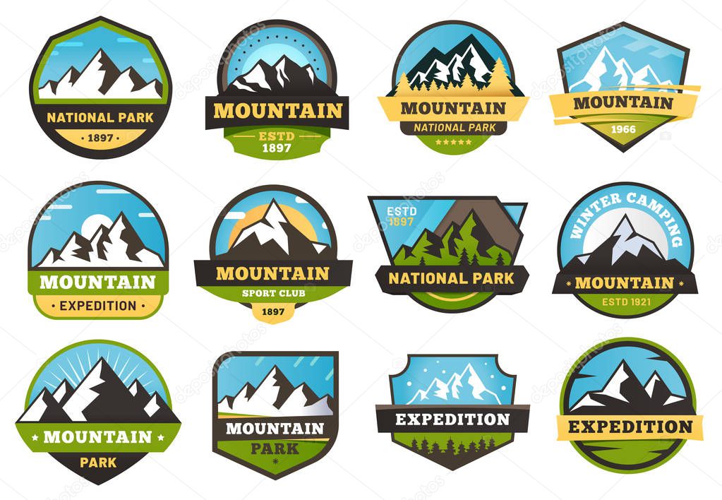 Mountain expedition emblems. Outdoors travel labels, mountains hiking sticker emblem and summer camping badges. Mountaineering insignia, mountain climbing logo. Vector illustration isolated icons set