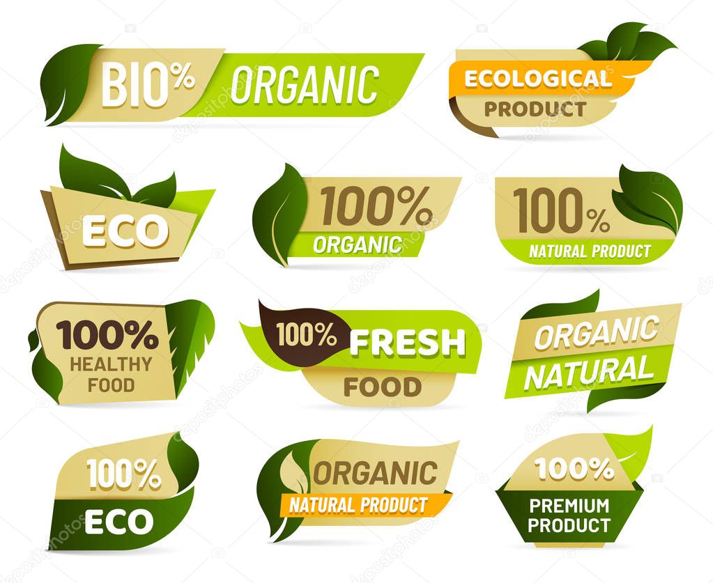 Vegan emblem. Fresh nature product badge, healthy vegetarian food products sticker and natural ecological foods labels vector set