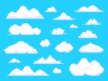 Piksel bulutları. Retro 8 bit mavi gökyüzü hava bulutpiksel sanat arka plan vektör illüstrasyon