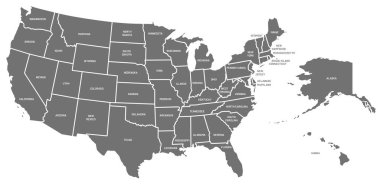 ABD haritası. Amerika Birleşik Devletleri posteri ve eyalet isimleri. Alaska ve Hawaii vektör illüstrasyon dahil coğrafi Amerikan haritaları