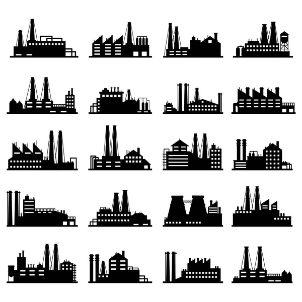 Edificios comerciales industriales. Almacén industrial, fábrica de fabricación y fábricas siluetas exteriores vector conjunto de ilustración — Vector de stock