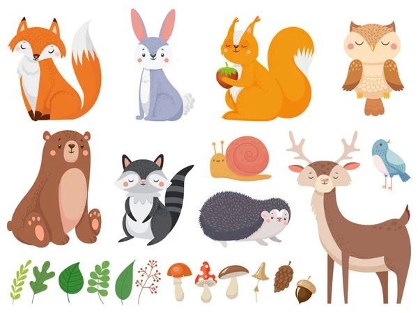 Schattige bos dieren. Wild dier, bos flora en fauna elementen geïsoleerd cartoon vector illustratie set — Stockvector