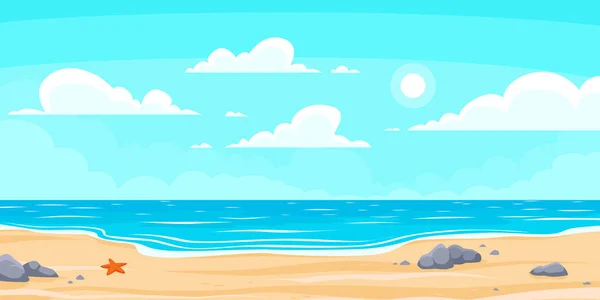 Praia de verão dos desenhos animados. Paraíso natureza férias, oceano ou mar litoral. Litoral paisagem vetor fundo ilustração — Vetor de Stock