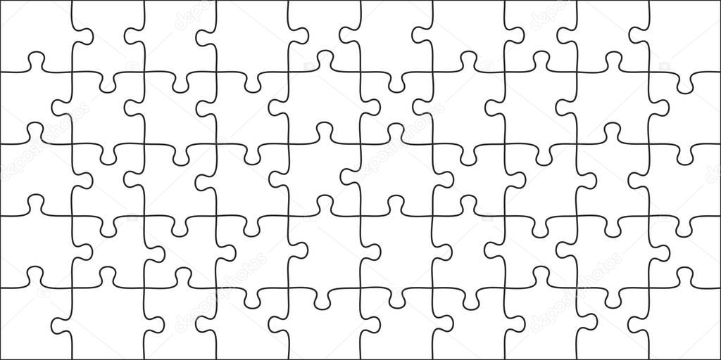 Rompecabezas de piezas. Plantilla de ilustración vector gráfico de juego de 50 piezas, cuadrícula de sierras calar 10x5, forma de rompecabezas y unir