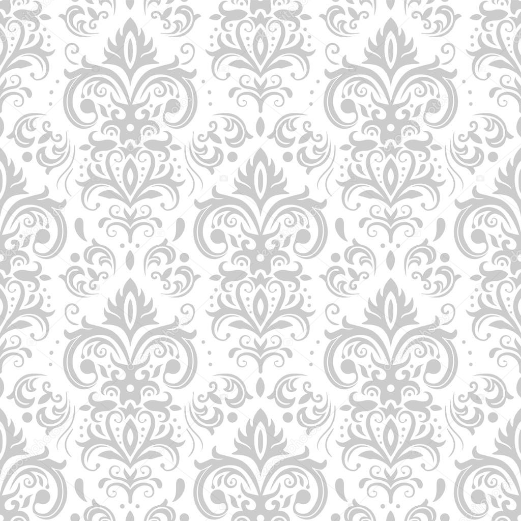 Decorative damask pattern. Vintage ornament, baroque flowers and silver venetian ornate floral ornaments seamless vector background
