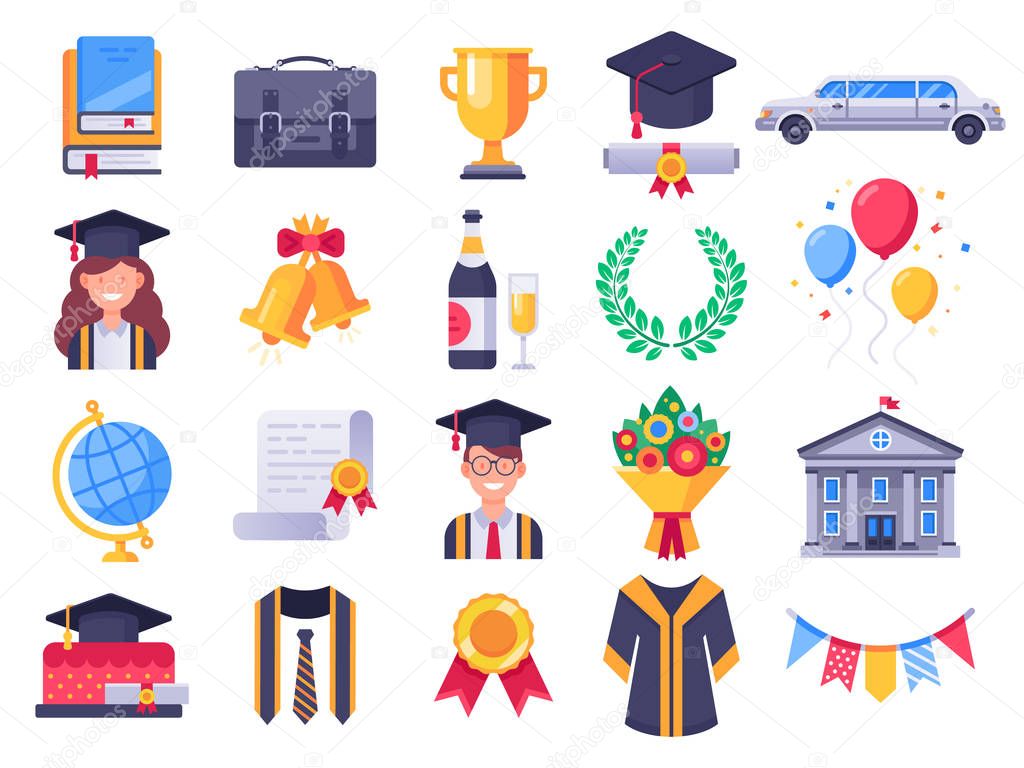 Graduation day icons. College graduate students party, graduation cap and student gown. Exams icon vector illustration set
