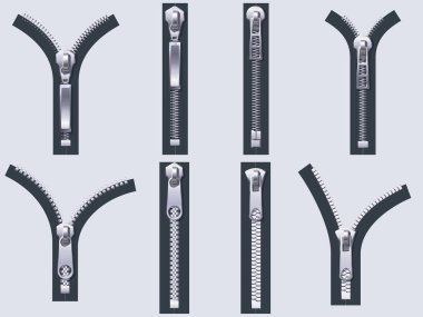 Açık ve kapalı fermuar. Metal fermuar çeker, kumaş unzip toka ve bez fermuarlar izole gerçekçi vektör seti