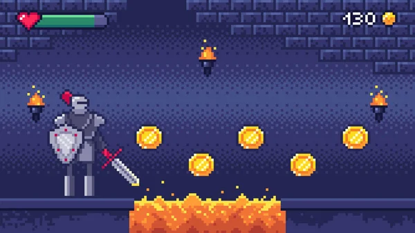 Nivel de juegos de ordenador retro. Pixel arte escena de videojuegos personaje guerrero de 8 bits recoge monedas de oro, pixeles juego vector ilustración — Vector de stock