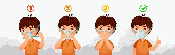 Máscara N95 instrução. Proteção contra poluição atmosférica infantil, proteção contra poeira máscaras respiratórias e ilustração do vetor de defesa PM2.5 —  Vetores de Stock