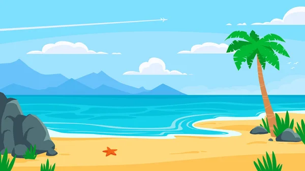 Summer beach background. Sandy seashore, sea coast with palm tree and vocation seaside travel vector cartoon backdrop illustration — Stock Vector