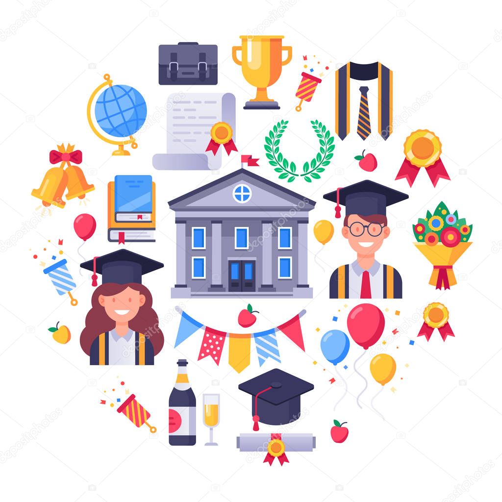 College graduate icons. Graduation day, students party and finish exams icon vector illustration set
