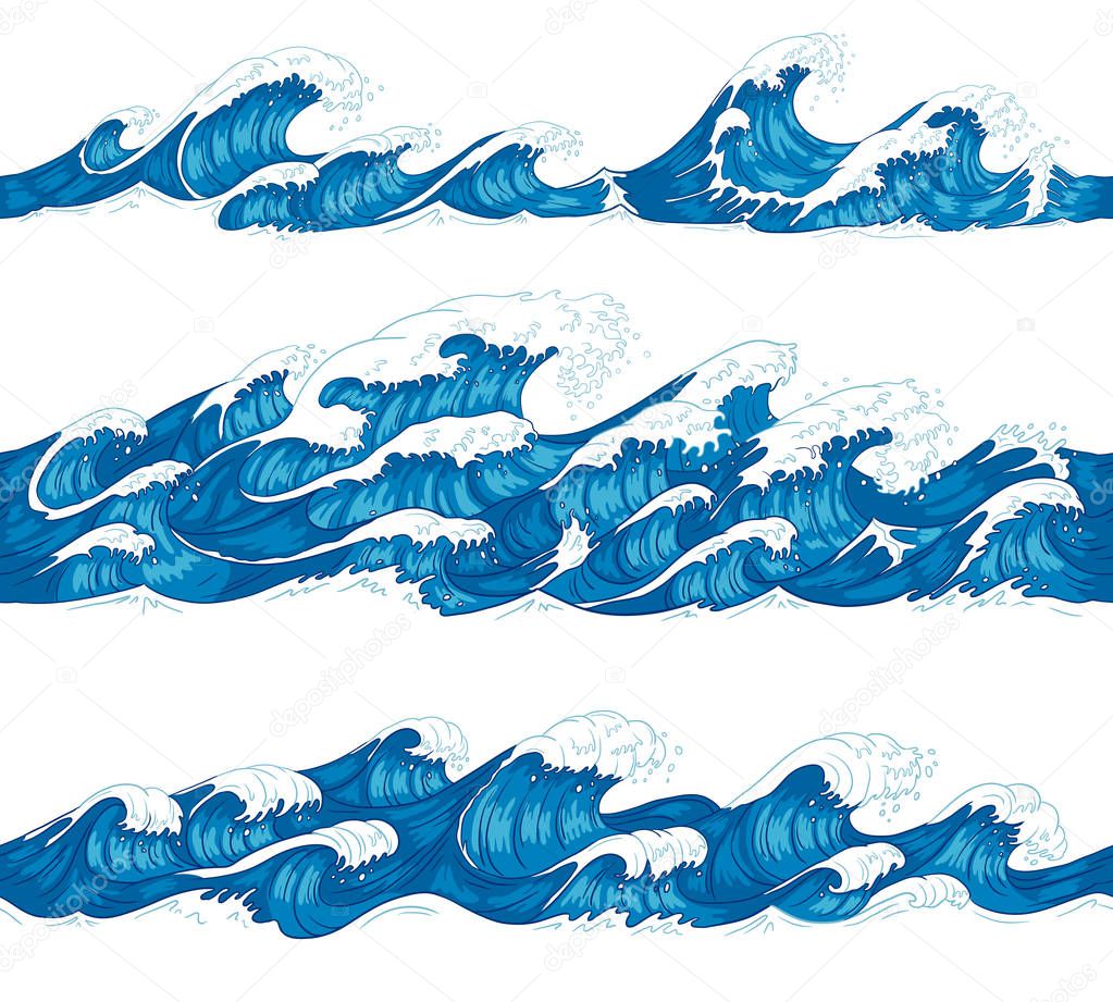 Seamless ocean waves. Sea surf, decorative surfing wave and water pattern hand drawn sketch vector illustration set