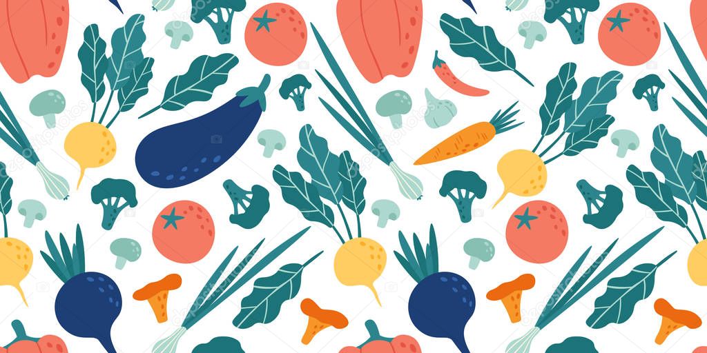 Seamless vegetables pattern. Hand drawn doodle vegetarian food. Vegetable kitchen radish, vegan beets and tomato vector illustration