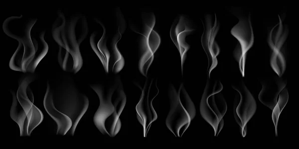 Humo humeante. Corriente de vapor caliente, nube humeante y vapor de taza de café aislado realista 3D vector ilustración conjunto — Archivo Imágenes Vectoriales