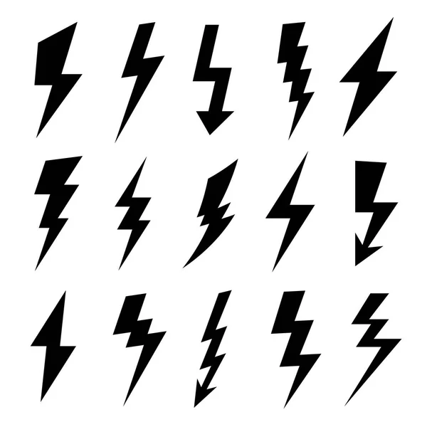 Silhueta Thunderbolt. Ícone flash elétrico, tensão elétrica de alta potência e trovão relâmpago silhuetas ícones vetor conjunto —  Vetores de Stock