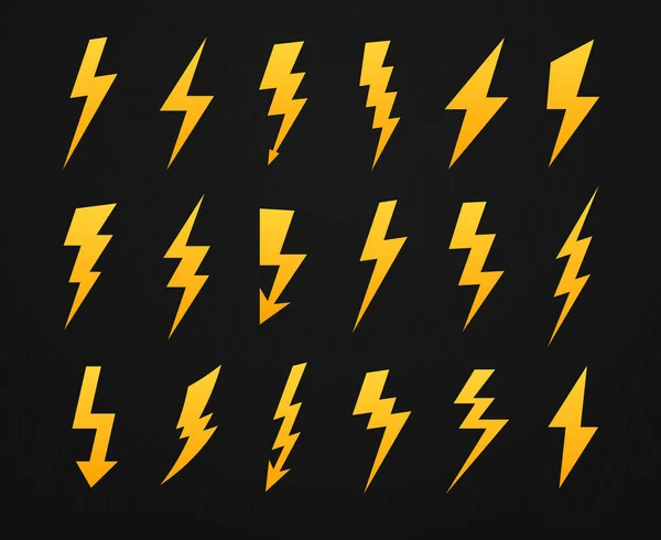 Yellow lightning silhouette. Electrical power high voltage, thunderbolt flash and energy lightnings silhouettes icons vector set — 스톡 벡터