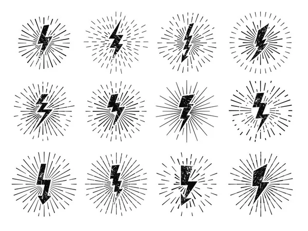 Sinal de raio vintage. Retro explosão de energia, relâmpago starburst e relâmpagos blitz flash hipster sinais conjunto ilustração vetorial —  Vetores de Stock