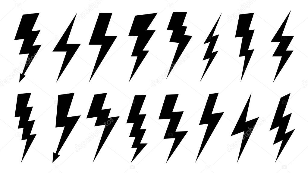 Lightning silhouette. High voltage electrical power symbol, electric lightnings and thunderbolt silhouettes. Storm thunder lightening or arrow bolts. Vector illustration isolated sign set