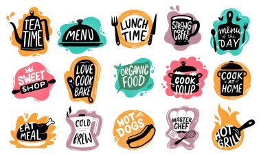 Yemek yazısı. Fırın mutfak tatlılar, sosisli rozeti ve organik gıda logosu vektör seti