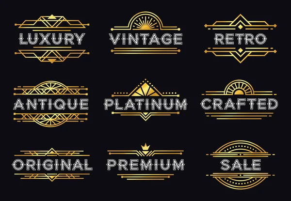 Art Deco Label. Retro lyx geometriska ornament, Vintage ornament ram och hipster dekorativa linjer etiketter vektor illustration set — Stock vektor