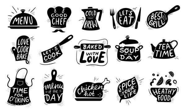 Letras de comida da cozinha. Gourmet cozinhar alimentos distintivo, receitas de frango cozinheiro e restaurante menu letterings vetor ilustração conjunto — Vetor de Stock