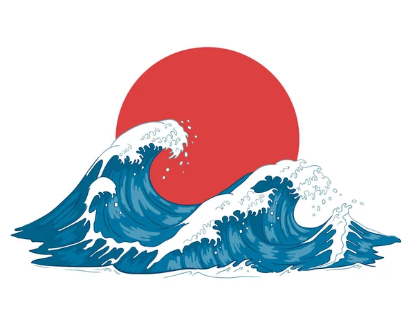 일본의 물결. 일본 의 큰 파도, 성난 바다와 빈티지 바다 벡터 일러스트 — 스톡 벡터