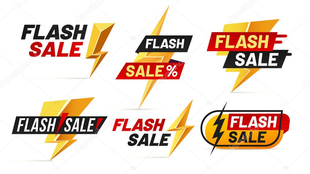 Flash sale. Mega sales lightning badges, best deal lightnings poster and buy only today offer badge. Mega shock prices tag, online product shopping sales. Isolated vector illustration signs set