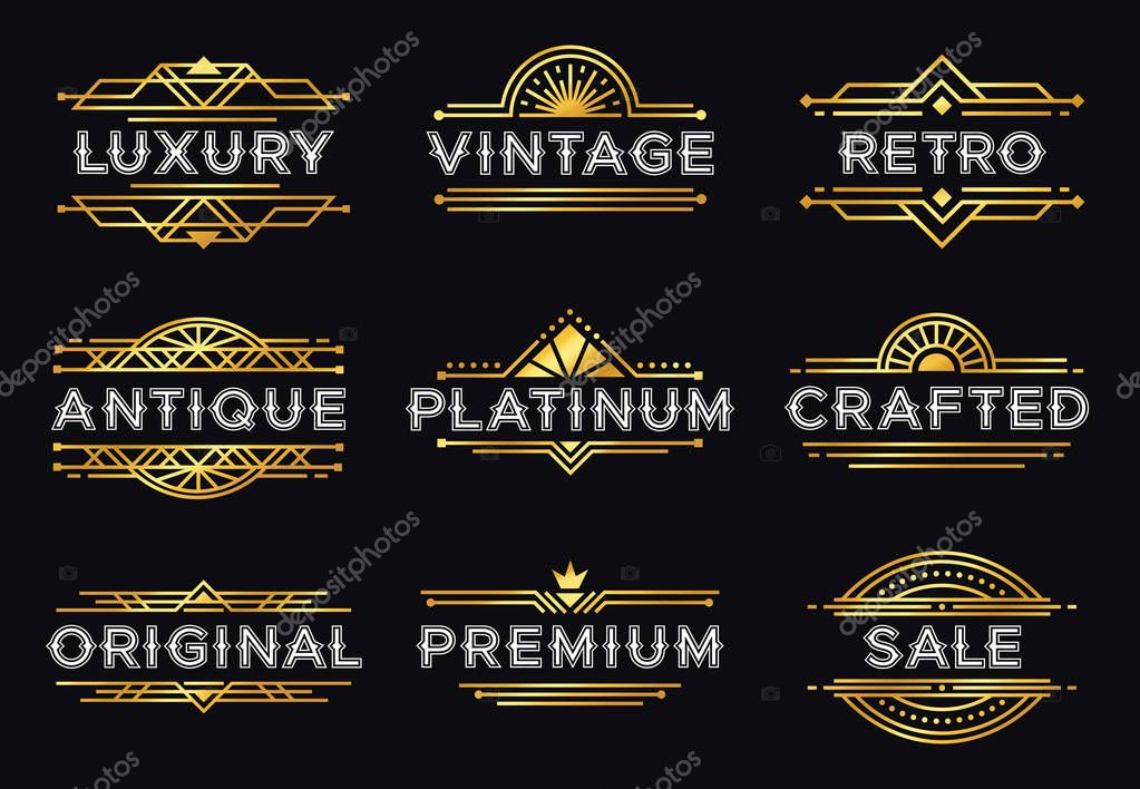 Art deco label. Retro luxury geometric ornaments, vintage ornament frame and hipster decorative lines labels. Elegant invitation or luxury gatsby deco badge. Isolated vector illustration icons set