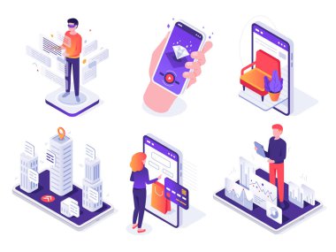 Biyometrik artırılmış gerçeklik akıllı telefon. Mobil Ar platformu, sanal oyun ve akıllı telefonlar 3d navigasyon vektör kavram illüstrasyon seti