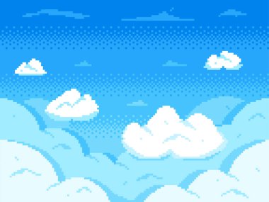 Piksel sanat gökyüzü. Bulutlar 8-bit siluet, retro video oyunu bulut manzara ve bulutlu vektör arka plan