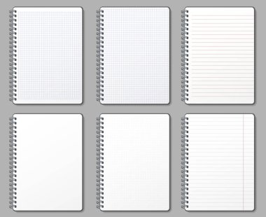 Not defteri sayfası. Çizgili ve noktalı sayfalar, metal spiral ve yastıklı levha mockup şablonu vektör illüstrasyon seti ne bağlı defterler