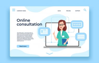 Online doktor konsültasyonu. Hasta sağlığı danışma, online tıbbi yardım ve doktorlar toplantı açılış sayfası vektör illüstrasyon