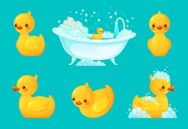 Sarı banyo ördeği. Köpüklü banyo küveti, rahatlatıcı banyo ve spa plastik ördekleri karikatür vektör çizimi