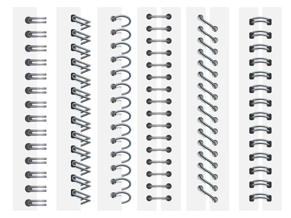 Espirais de caderno. Anéis encadernação cadernos páginas, folhas de fixação em espiral e encadernação esboço anel 3d vetor ilustração conjunto —  Vetores de Stock