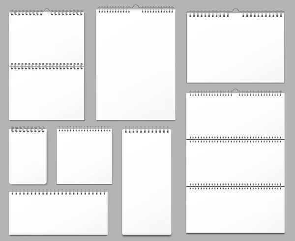 Una maqueta del calendario. calendarios de pared unidos en espiral de metal, página notas colgantes y páginas de cuaderno 3d realista vector ilustración conjunto — Archivo Imágenes Vectoriales