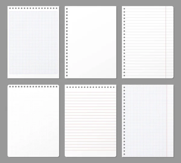 Folha do caderno. Folhas rasgadas de notebook, papel nota alinhada página e bloco de anotações papel acolchoado conjunto ilustração vetorial — Vetor de Stock